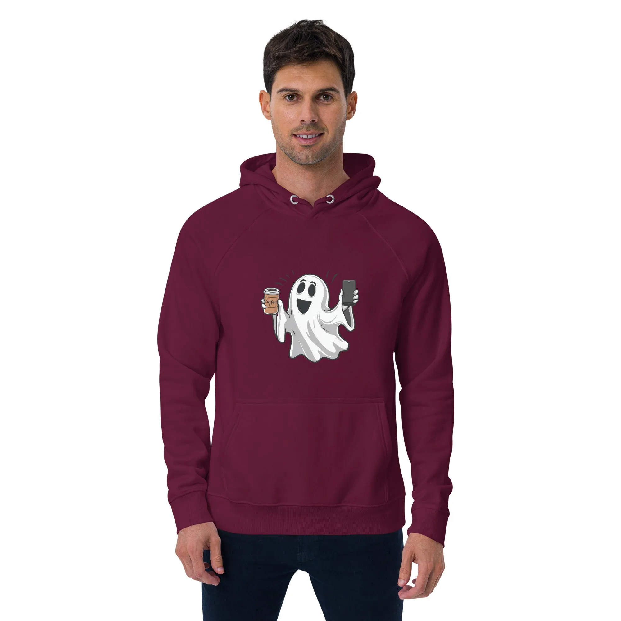 Ghost with Coffee Halloween Graphic Men Eco Raglan Hoodie