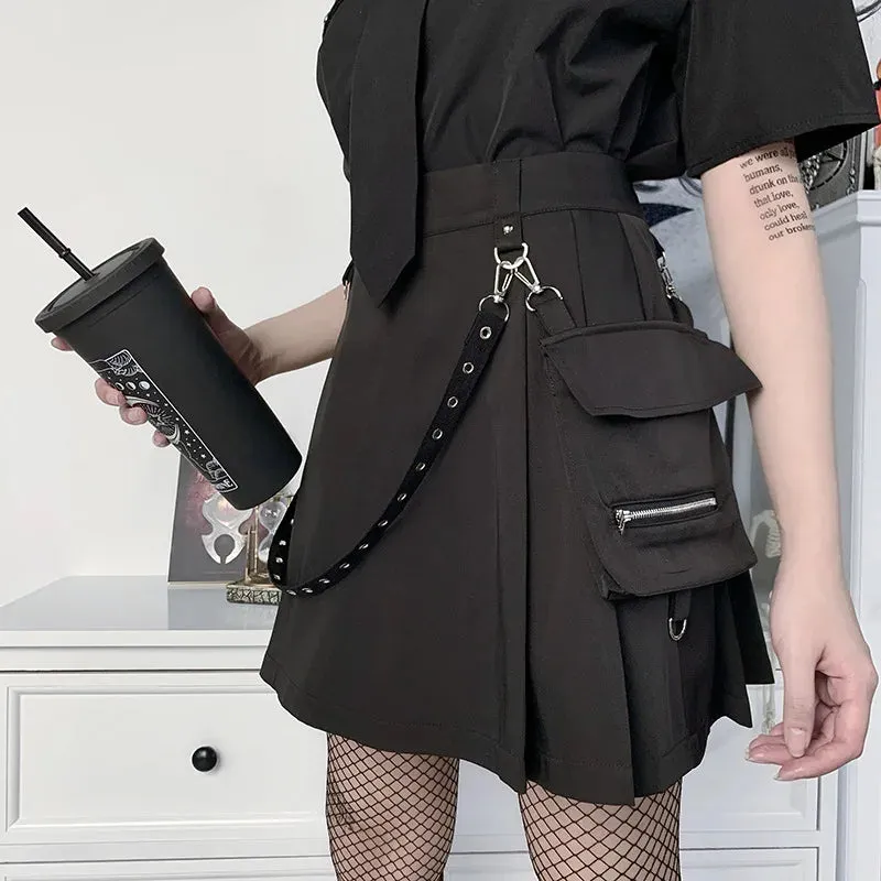 Harajuku Punk Gothic Black High Waist Black Skirts Women Sexy Patchwork Bandage Mini Female Streetwear Black Skirt