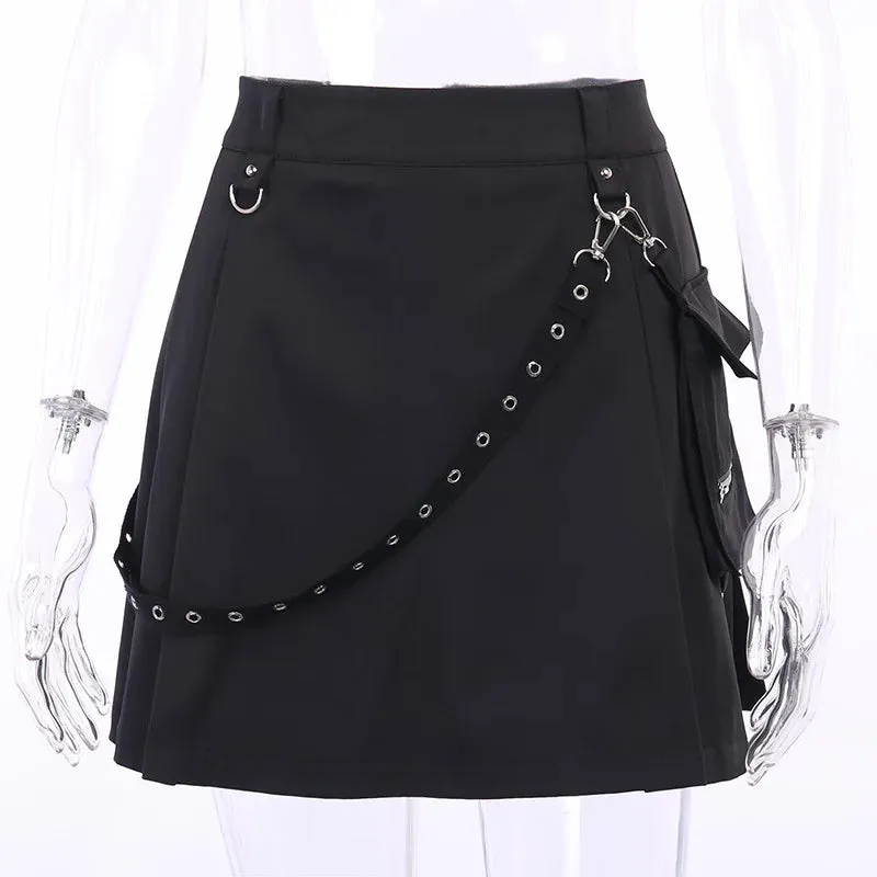 Harajuku Punk Gothic Black High Waist Black Skirts Women Sexy Patchwork Bandage Mini Female Streetwear Black Skirt