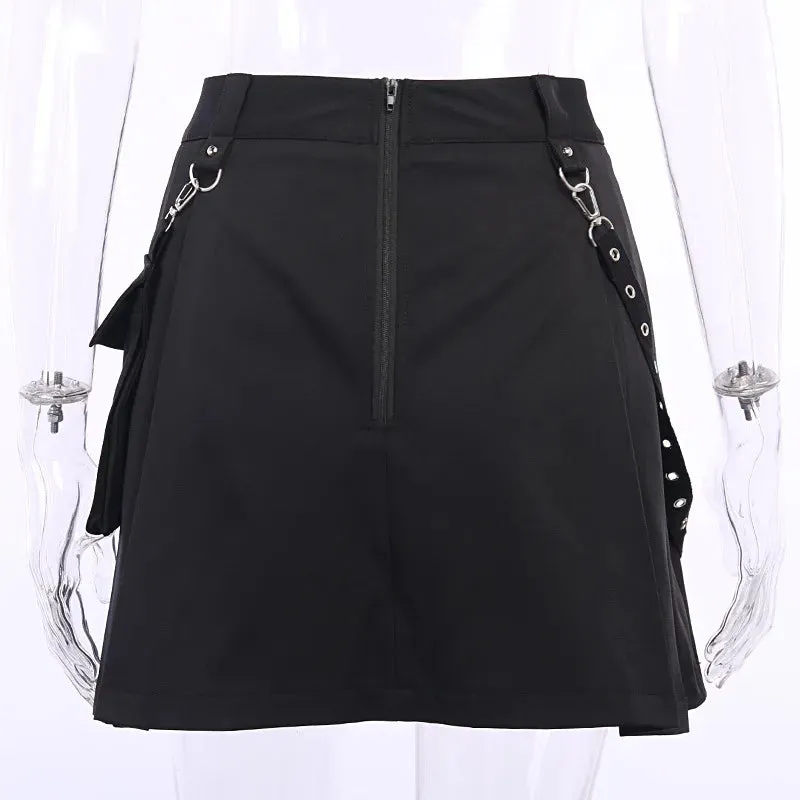 Harajuku Punk Gothic Black High Waist Black Skirts Women Sexy Patchwork Bandage Mini Female Streetwear Black Skirt