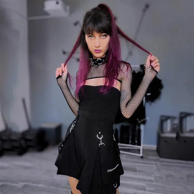 Harajuku Punk Gothic Black High Waist Black Skirts Women Sexy Patchwork Bandage Mini Female Streetwear Black Skirt