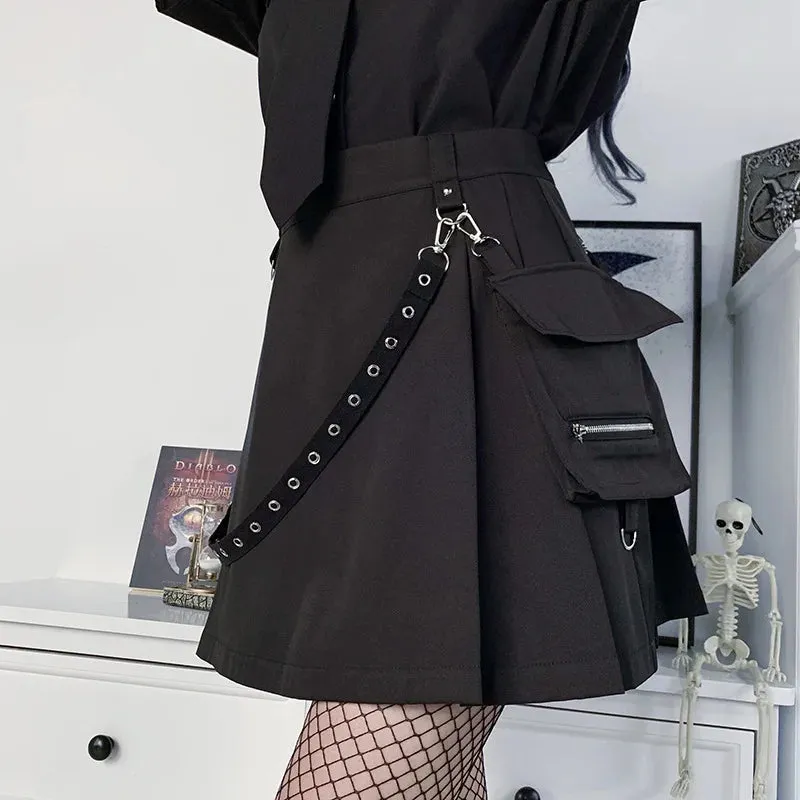 Harajuku Punk Gothic Black High Waist Black Skirts Women Sexy Patchwork Bandage Mini Female Streetwear Black Skirt