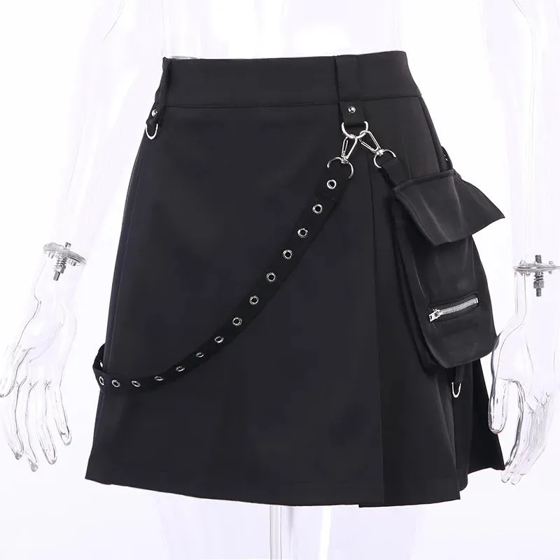 Harajuku Punk Gothic Black High Waist Black Skirts Women Sexy Patchwork Bandage Mini Female Streetwear Black Skirt