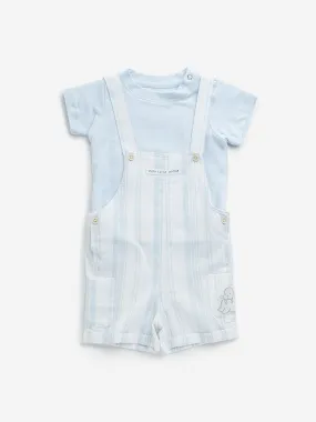 HOP Baby Light Blue Striped Cotton Dungaree & T-Shirt Set