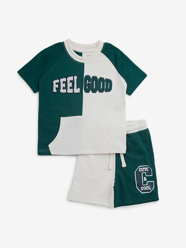 HOP Kids Green Text Design Cotton T-Shirt & Shorts Set