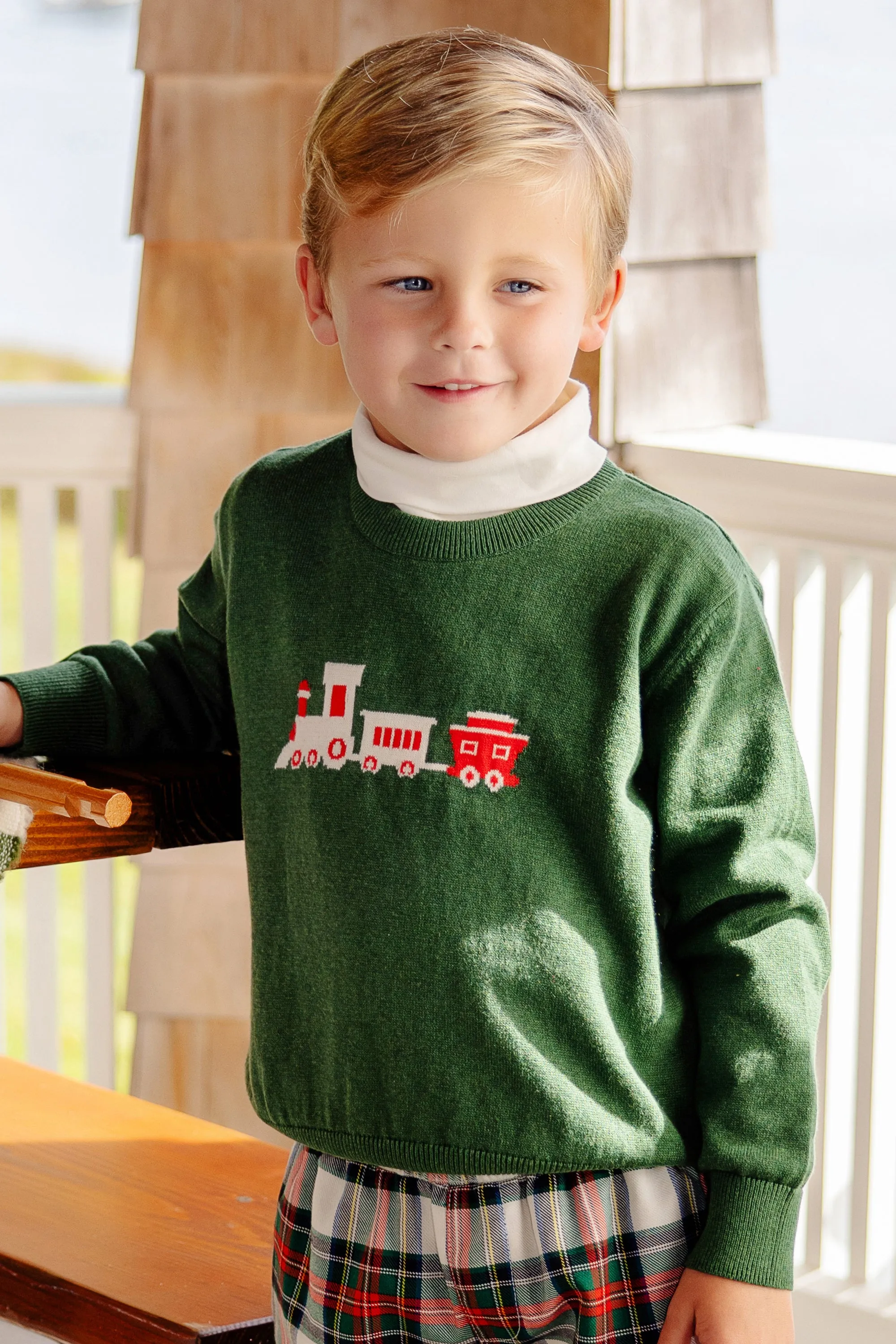 Isaac's Intarsia Sweater - Grier Green with Train Intarsia