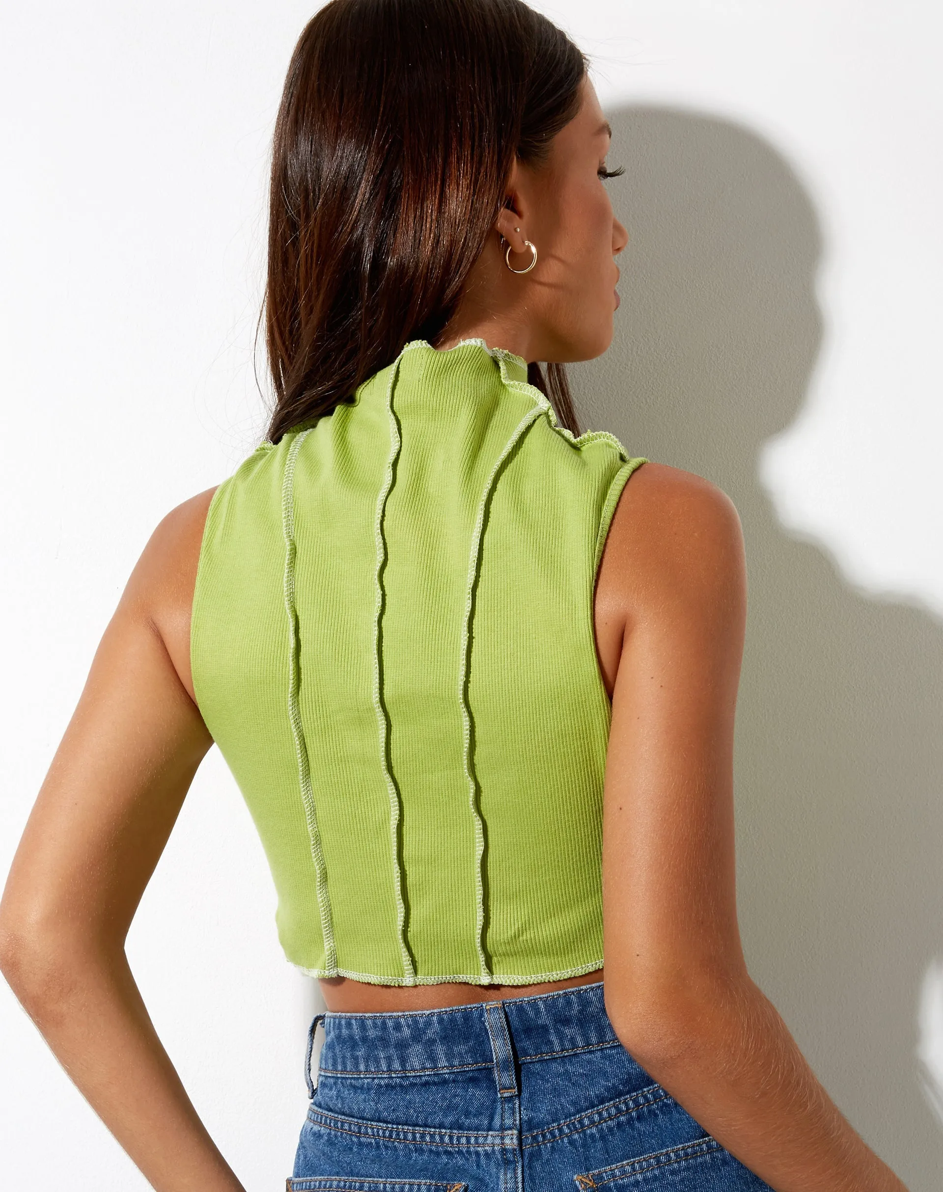 Ivy Vest Top in Rib Leaf Green with Ivory Stitching