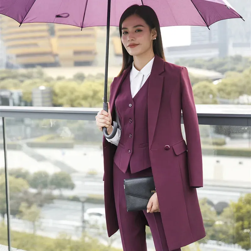 IZICFLY New Fall Winter Women Coat Set Elegant Slim Business Office Long Blazers Vest Pants Suit Work Wear Windbreaker