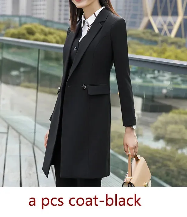 IZICFLY New Fall Winter Women Coat Set Elegant Slim Business Office Long Blazers Vest Pants Suit Work Wear Windbreaker