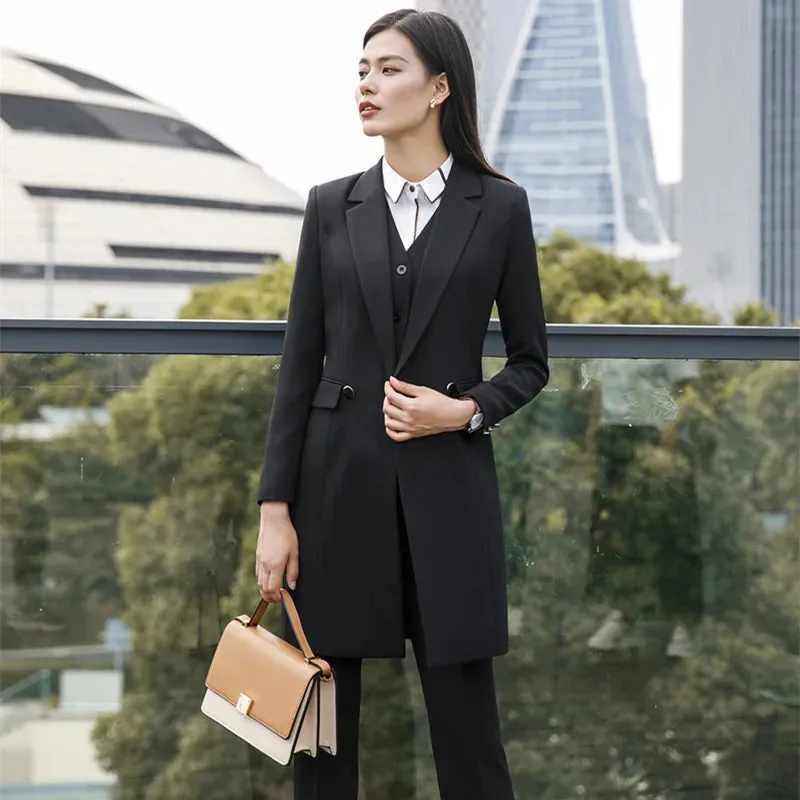 IZICFLY New Fall Winter Women Coat Set Elegant Slim Business Office Long Blazers Vest Pants Suit Work Wear Windbreaker