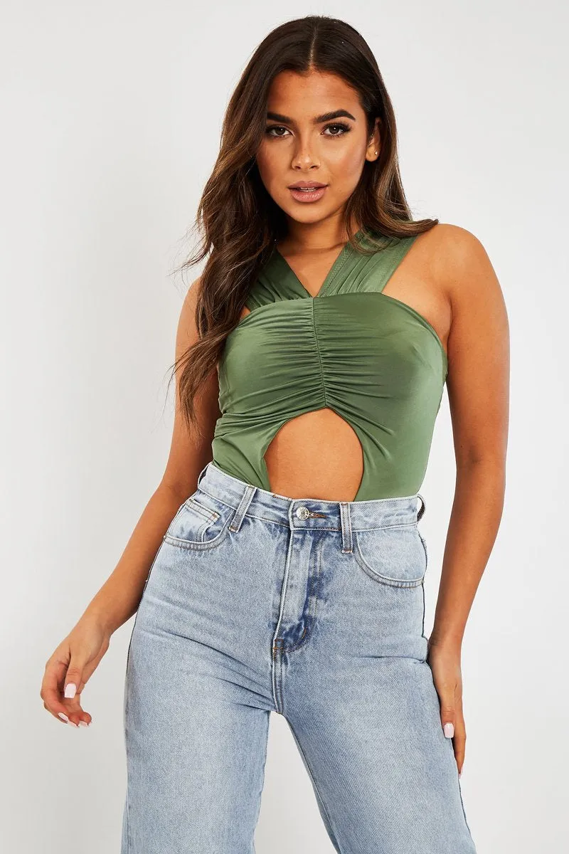 Khaki Cut Out Ruched Halter Neck Bodysuit - Janessa