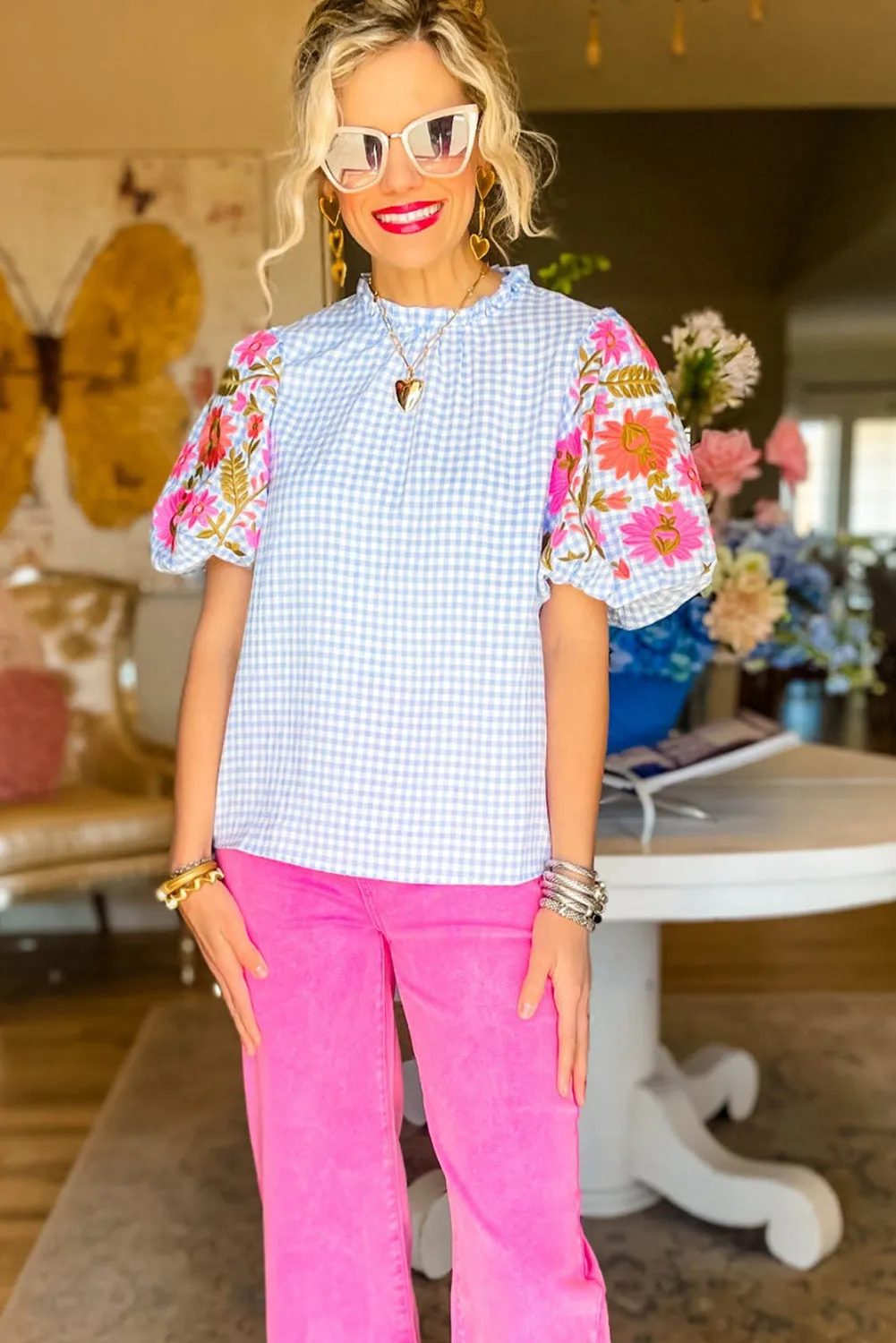 Light Blue Gingham Floral Embroidered Puff Sleeve Blouse