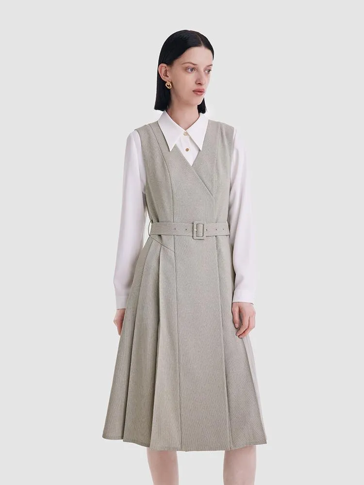 Light Olive Grey Shirt And Vest Dress Two-Piece Set