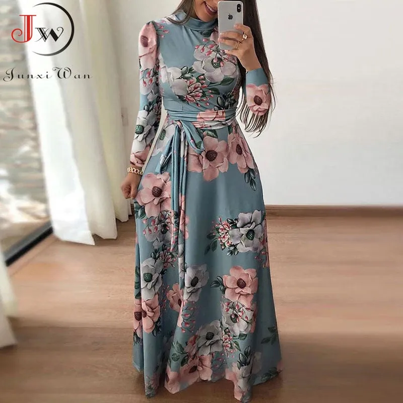 Long Sleeve Boho Floral Print Maxi Dress