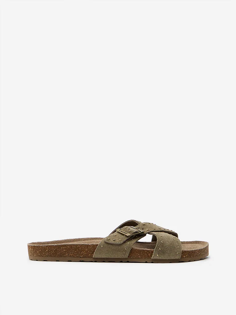 LUNA BLU Olive Criss-Cross Slip-On Comfort Sandals