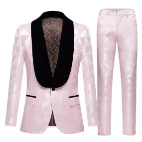 Men's Pink Suits Black Lapel 2 Pieces Set Handsome Groom Wedding Tuxedos Slim Fit Formal Blazer Pants Outfit