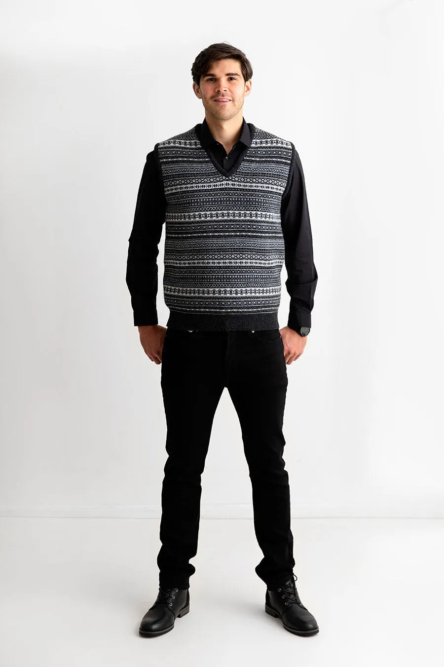 Mens Tweed Fair Isle V Neck Sleeveless Jumper - Charcoal Grey