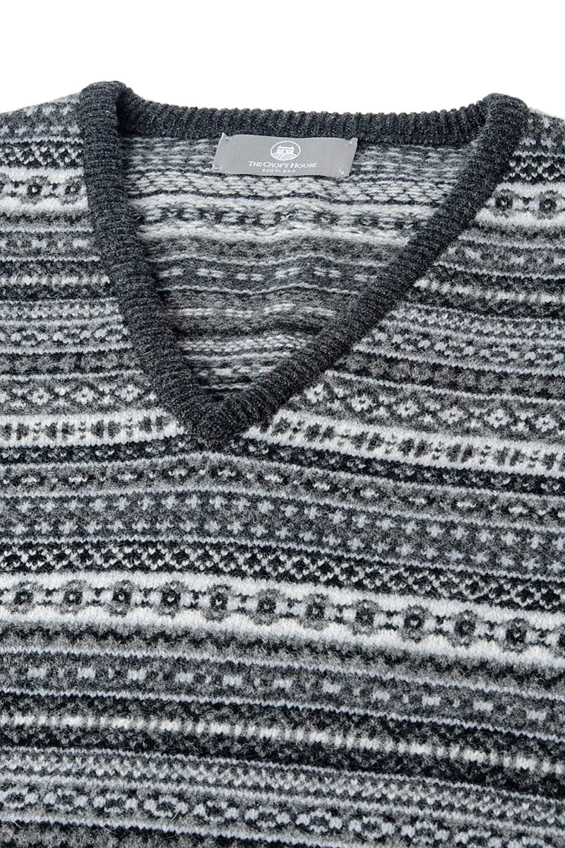 Mens Tweed Fair Isle V Neck Sleeveless Jumper - Charcoal Grey