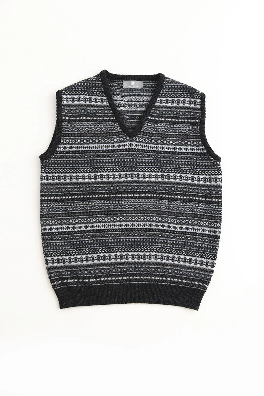 Mens Tweed Fair Isle V Neck Sleeveless Jumper - Charcoal Grey