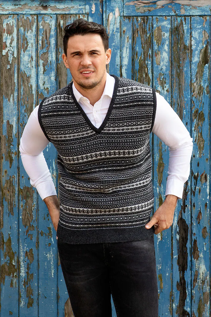 Mens Tweed Fair Isle V Neck Sleeveless Jumper - Charcoal Grey