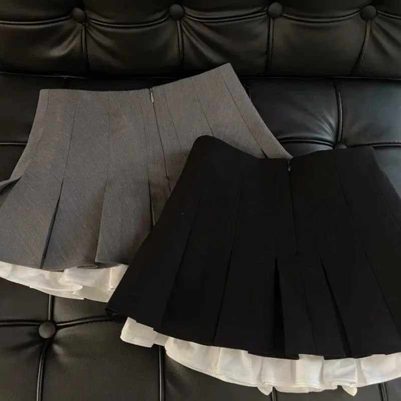 MEXZT Y2K Ruffles Black Mini Skirt Women Korean Patchwork Pleated Skirts Japanese Kawaii High Waist All Match A Line Skirt New