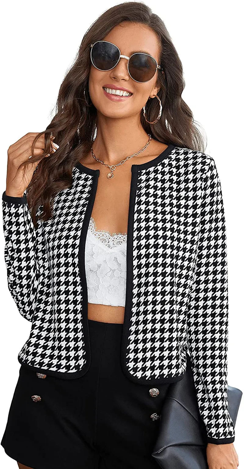 Milumia Women's Elegant Open Front Plaid Blazer Long Sleeve Crop Jacket Outerwear