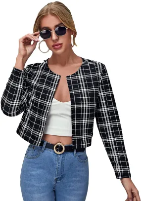 Milumia Women's Elegant Open Front Plaid Blazer Long Sleeve Crop Jacket Outerwear