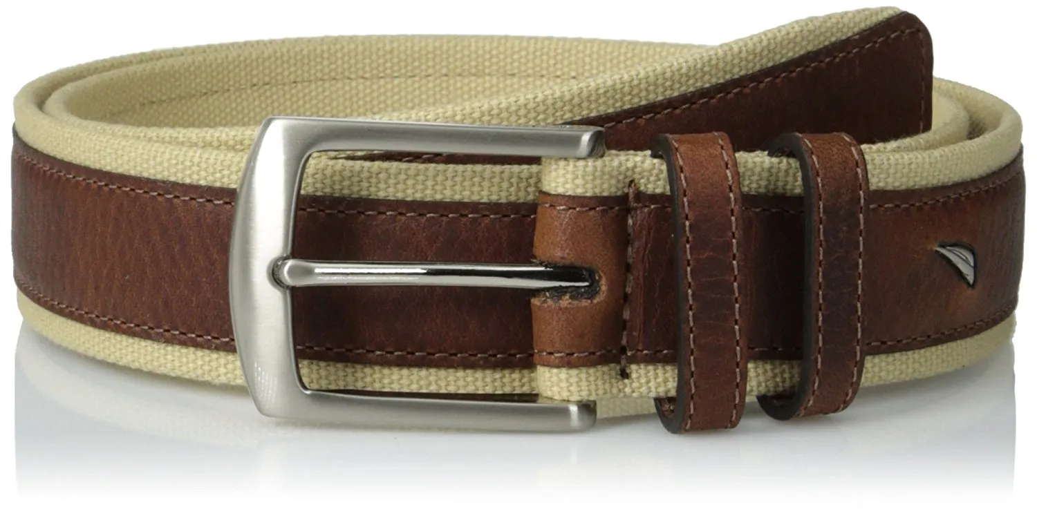 Nautica Mens Casual Leather Overlay Canvas Belt