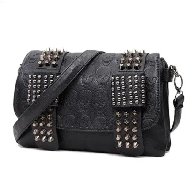 Noir Skull Rivet Leather Messenger Bag - Edgy Vintage Chic