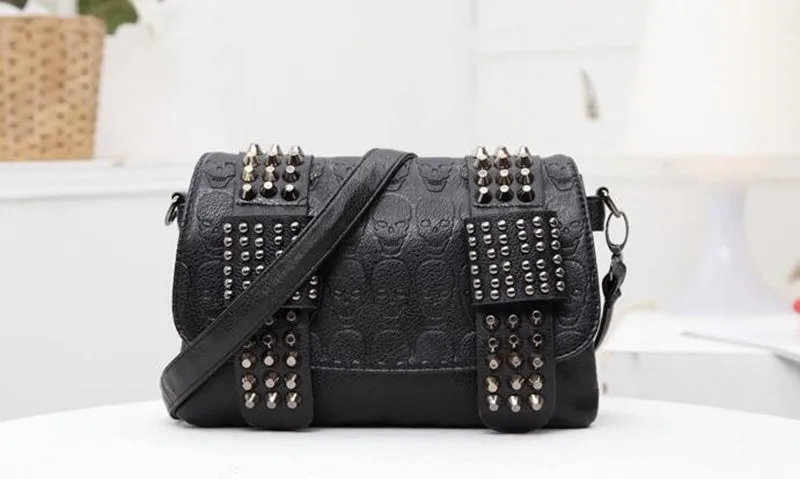 Noir Skull Rivet Leather Messenger Bag - Edgy Vintage Chic