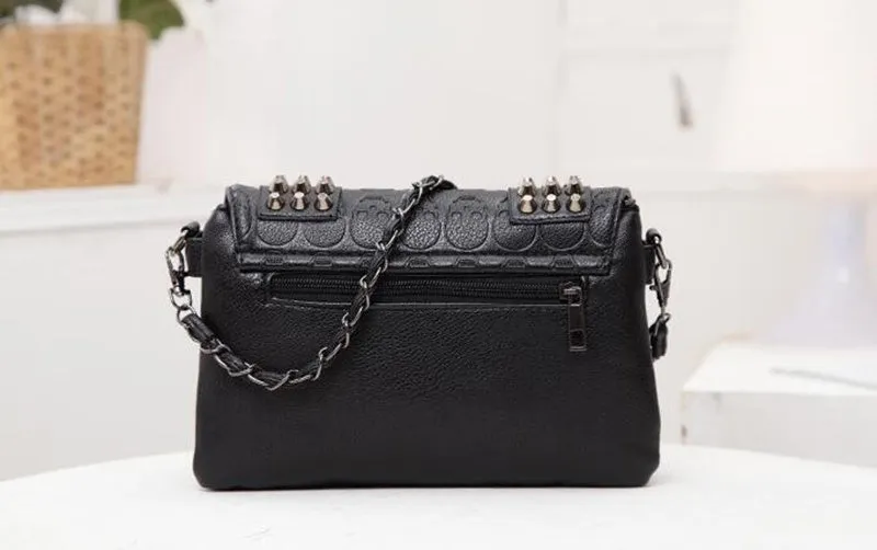 Noir Skull Rivet Leather Messenger Bag - Edgy Vintage Chic