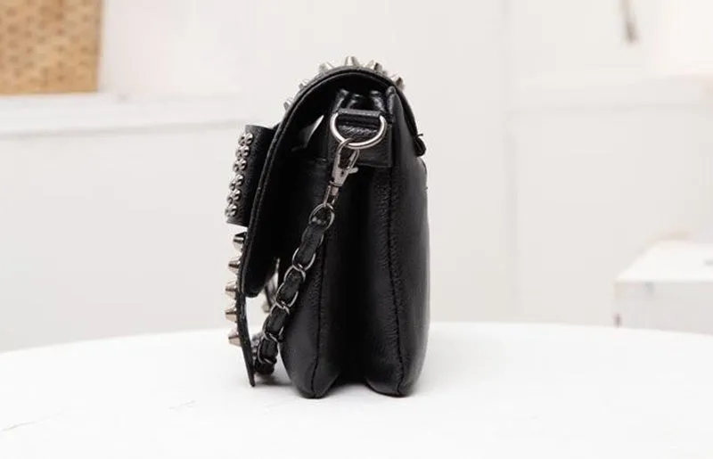 Noir Skull Rivet Leather Messenger Bag - Edgy Vintage Chic