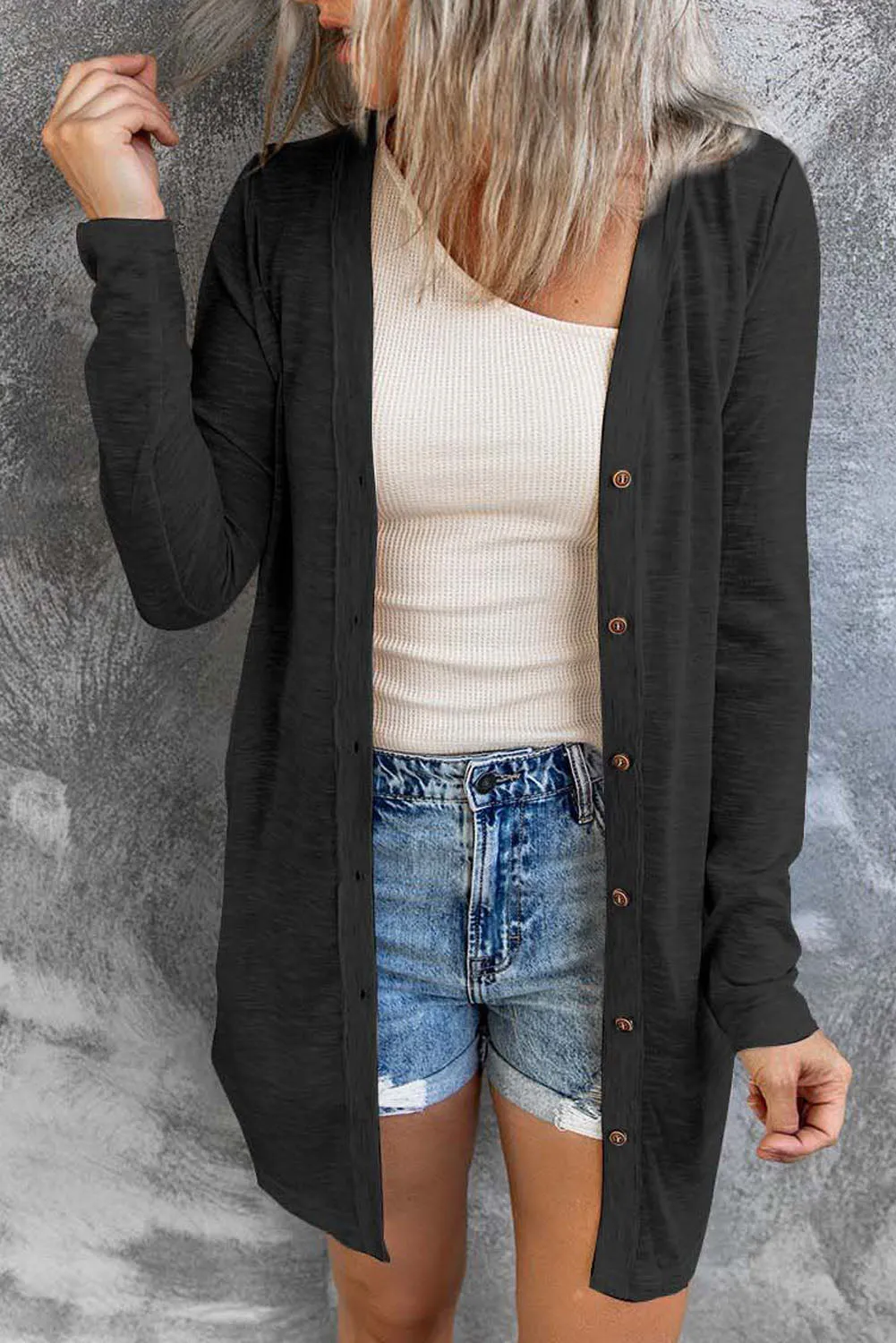 Open-front Buttoned Thigh-high Length Cardigan