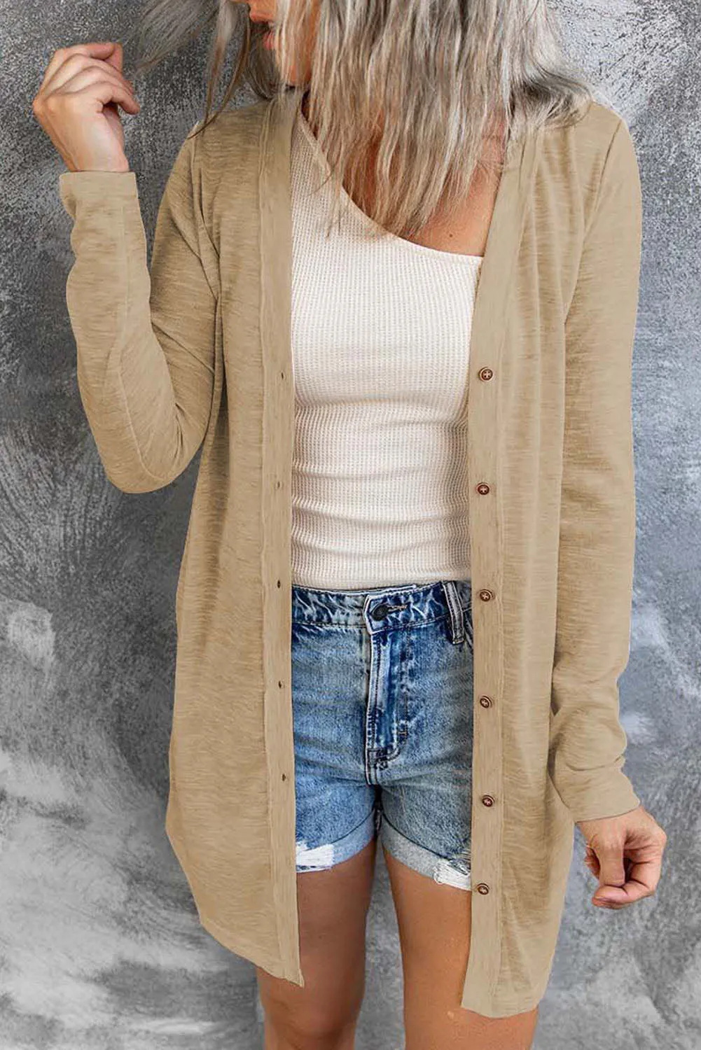 Open-front Buttoned Thigh-high Length Cardigan