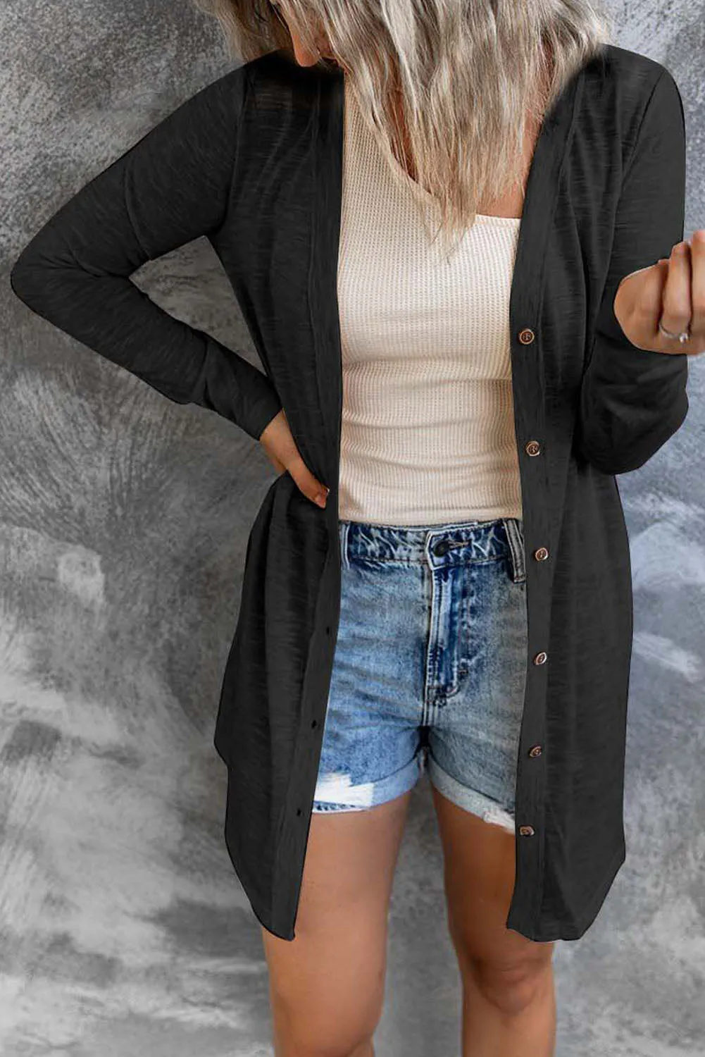 Open-front Buttoned Thigh-high Length Cardigan