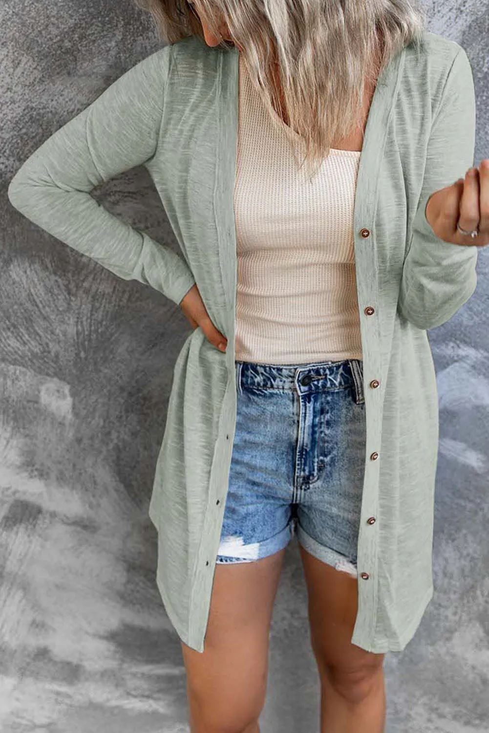 Open-front Buttoned Thigh-high Length Cardigan