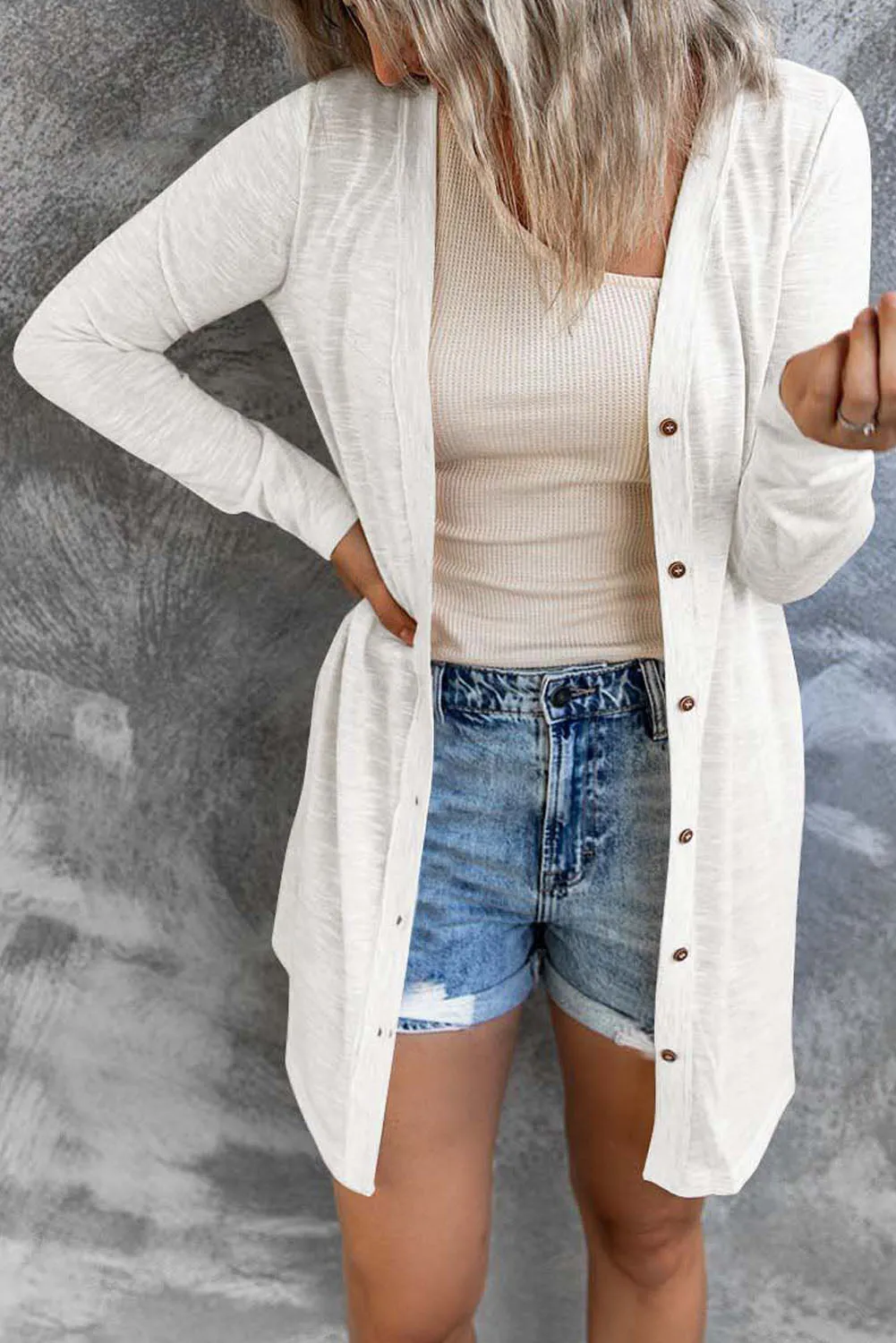 Open-front Buttoned Thigh-high Length Cardigan