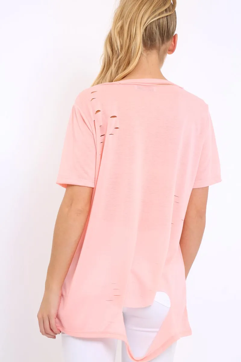 Pink Applique Slashed Over Sized T-Shirt - Louella