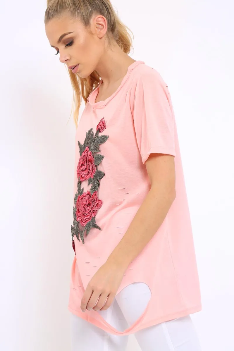 Pink Applique Slashed Over Sized T-Shirt - Louella