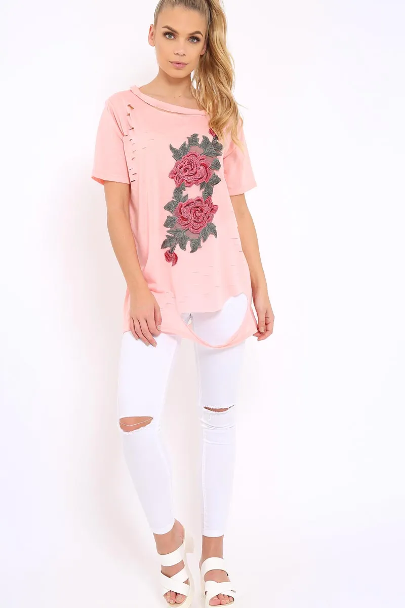 Pink Applique Slashed Over Sized T-Shirt - Louella