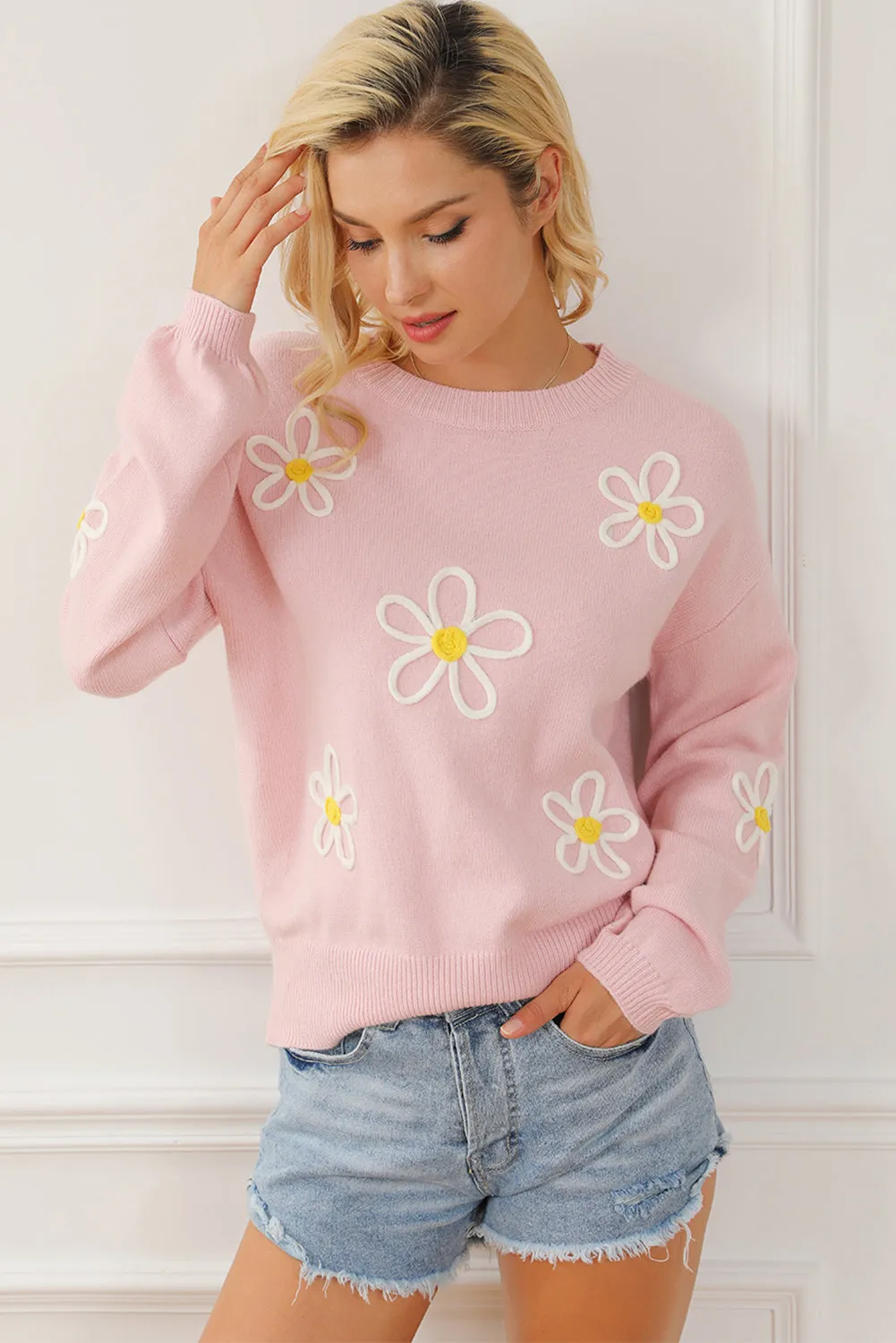 Pink Chenille Daisy Stitching Crew Neck Sweater