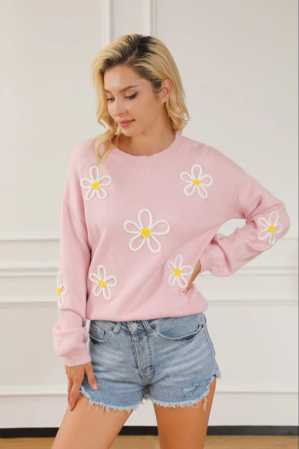 Pink Chenille Daisy Stitching Crew Neck Sweater