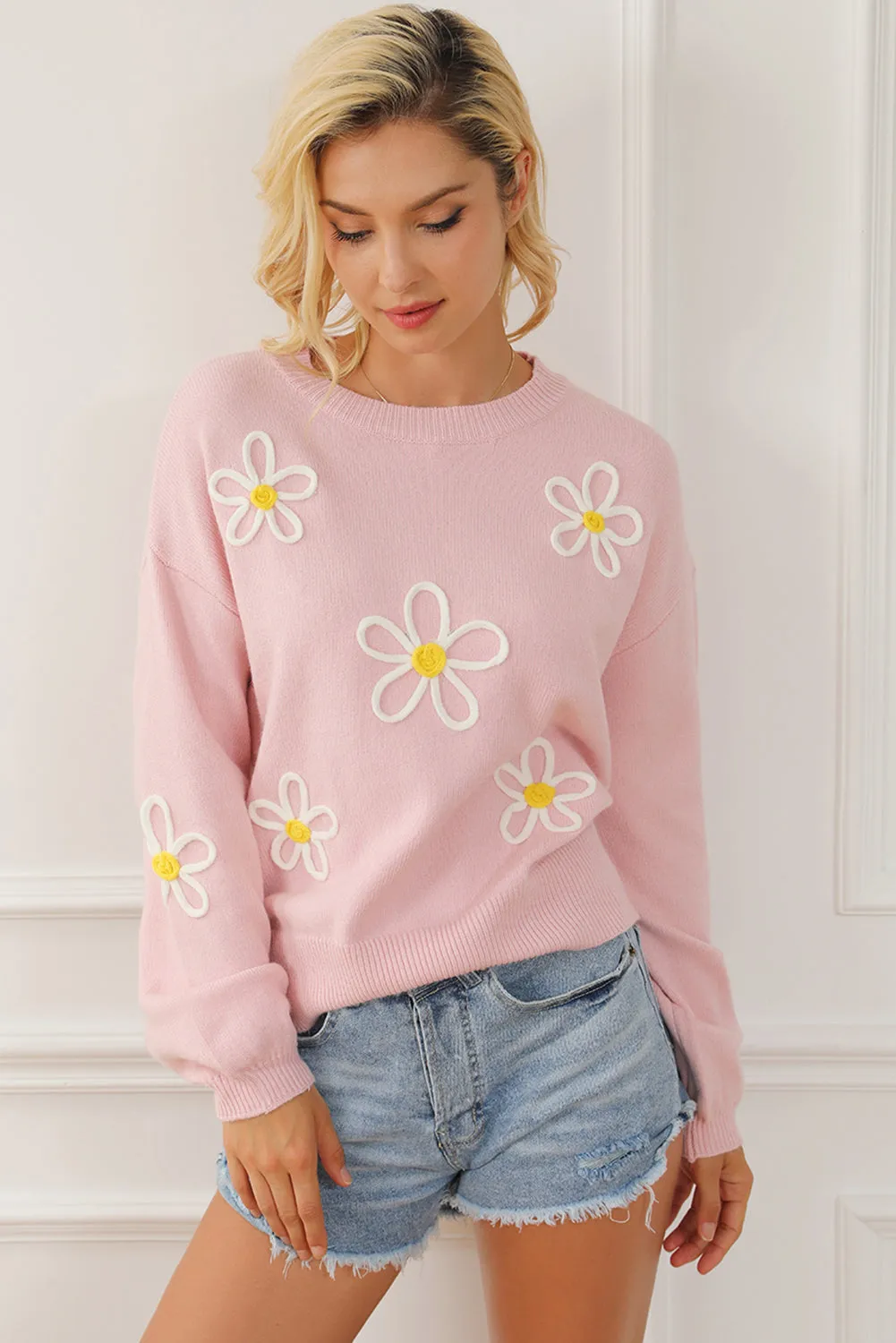 Pink Chenille Daisy Stitching Crew Neck Sweater