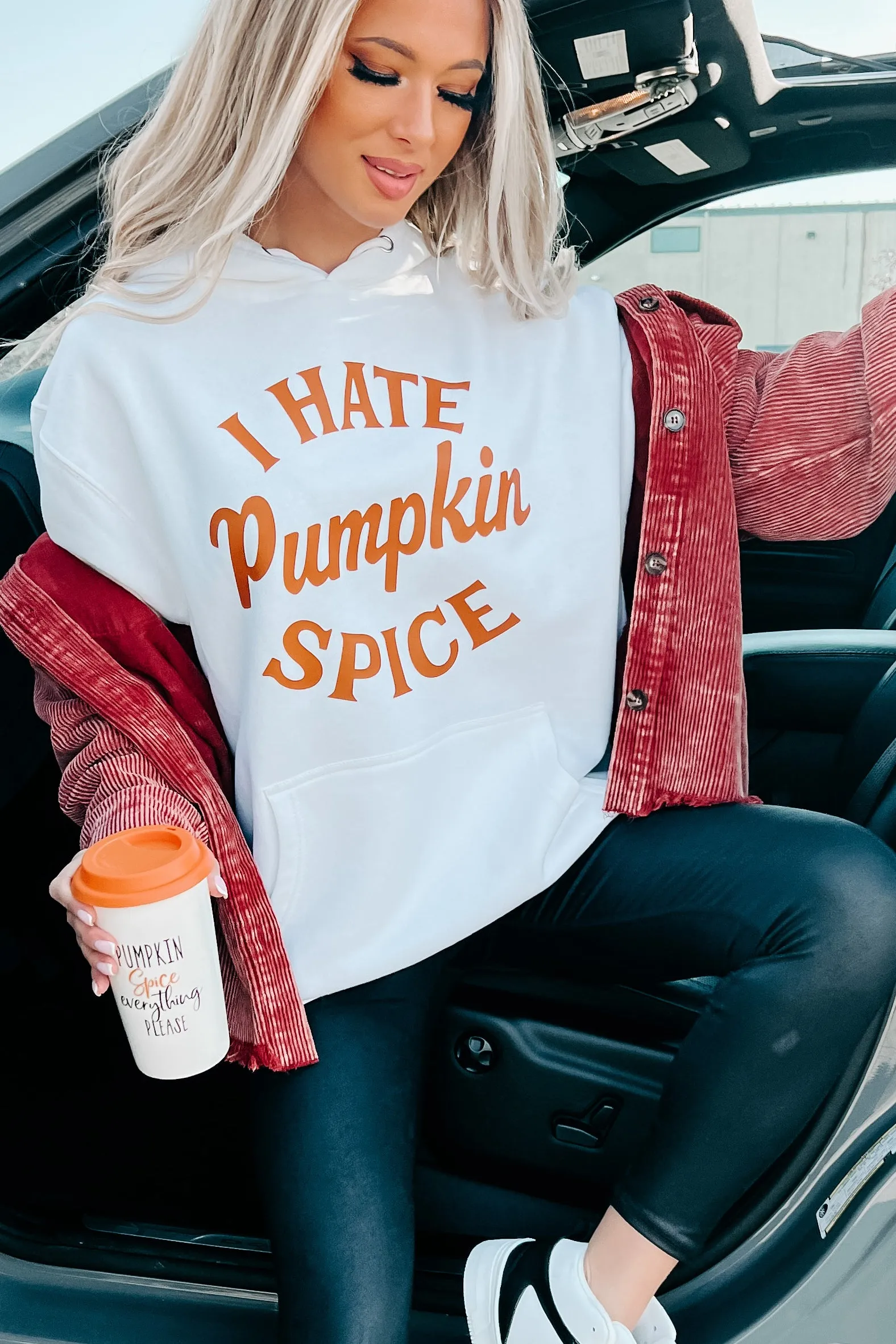 "I Hate Pumpkin Spice" Graphic Hoodie (White) - Print On Demand