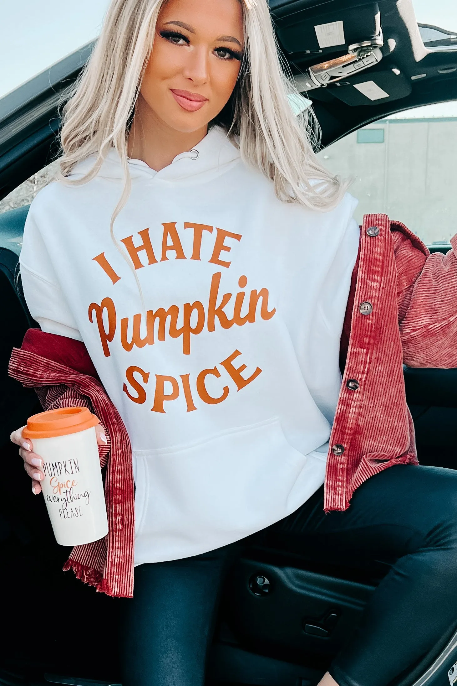 "I Hate Pumpkin Spice" Graphic Hoodie (White) - Print On Demand