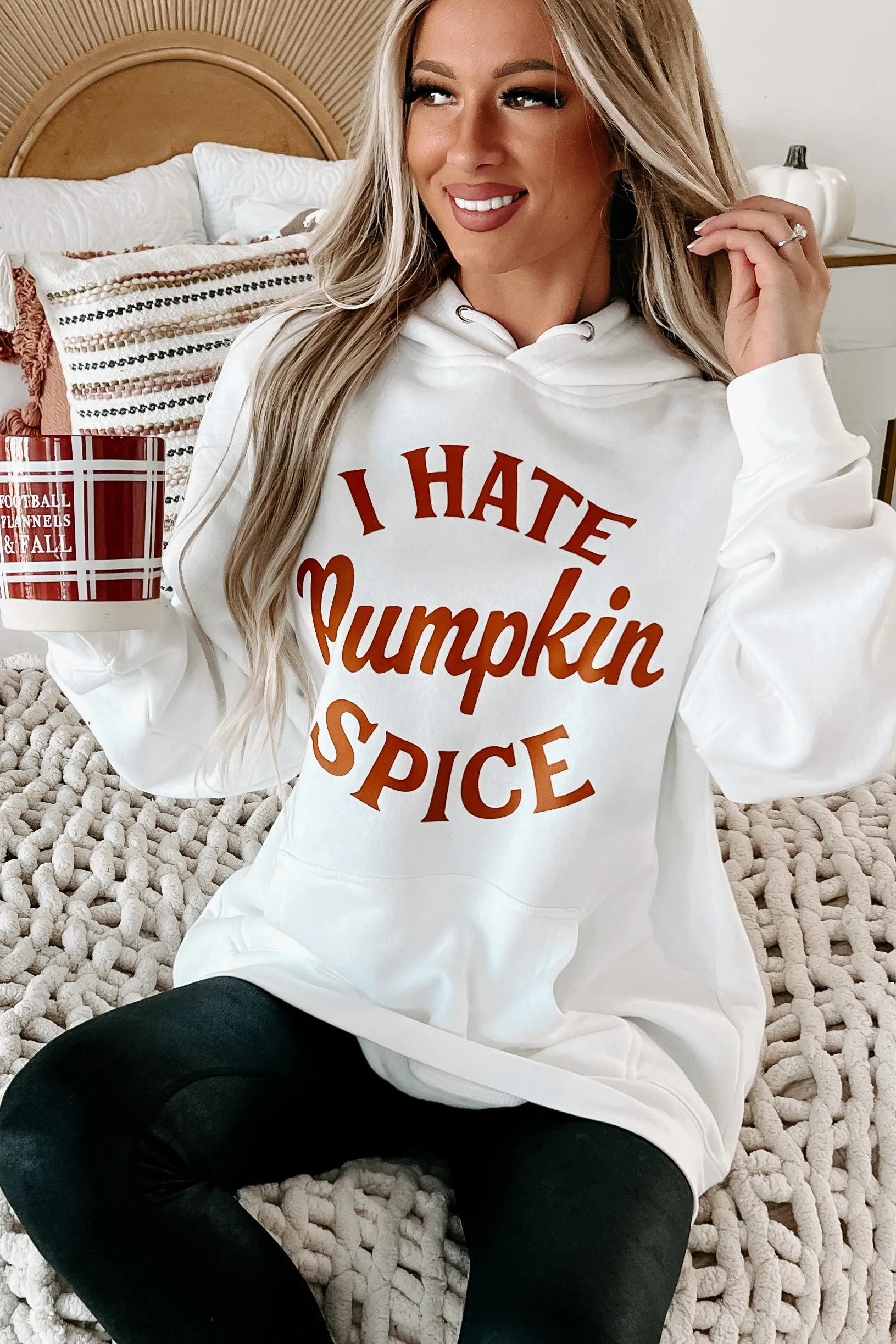 "I Hate Pumpkin Spice" Graphic Hoodie (White) - Print On Demand