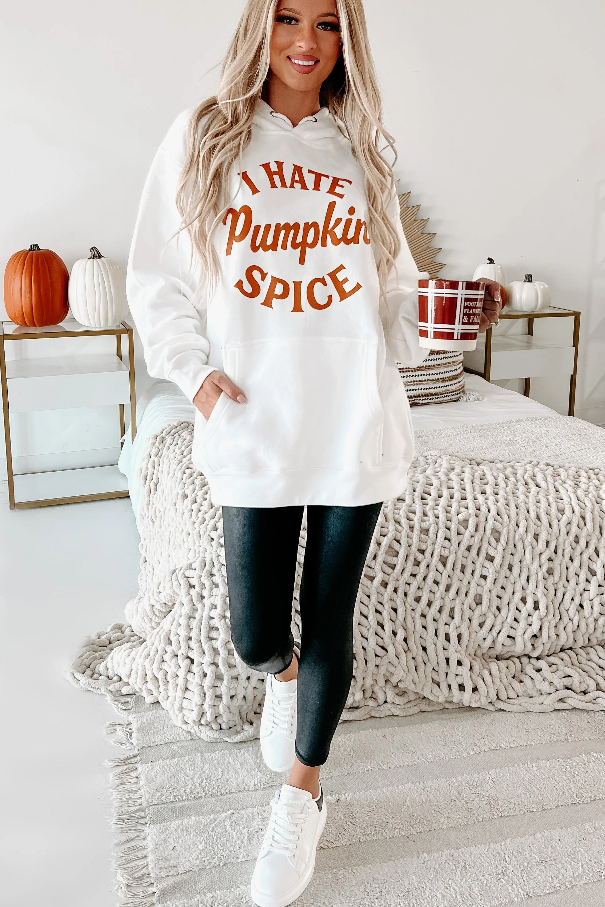 "I Hate Pumpkin Spice" Graphic Hoodie (White) - Print On Demand