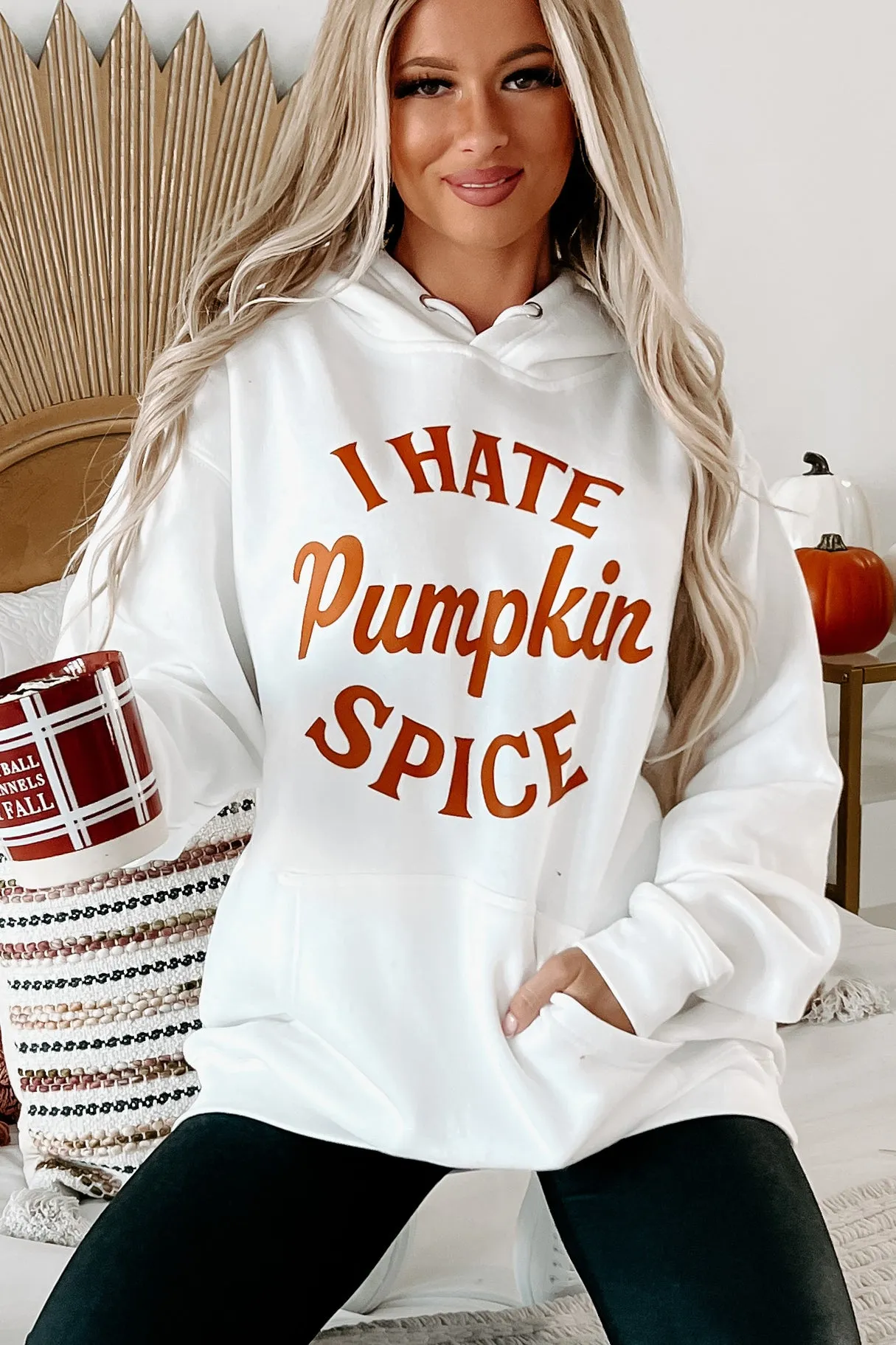 "I Hate Pumpkin Spice" Graphic Hoodie (White) - Print On Demand