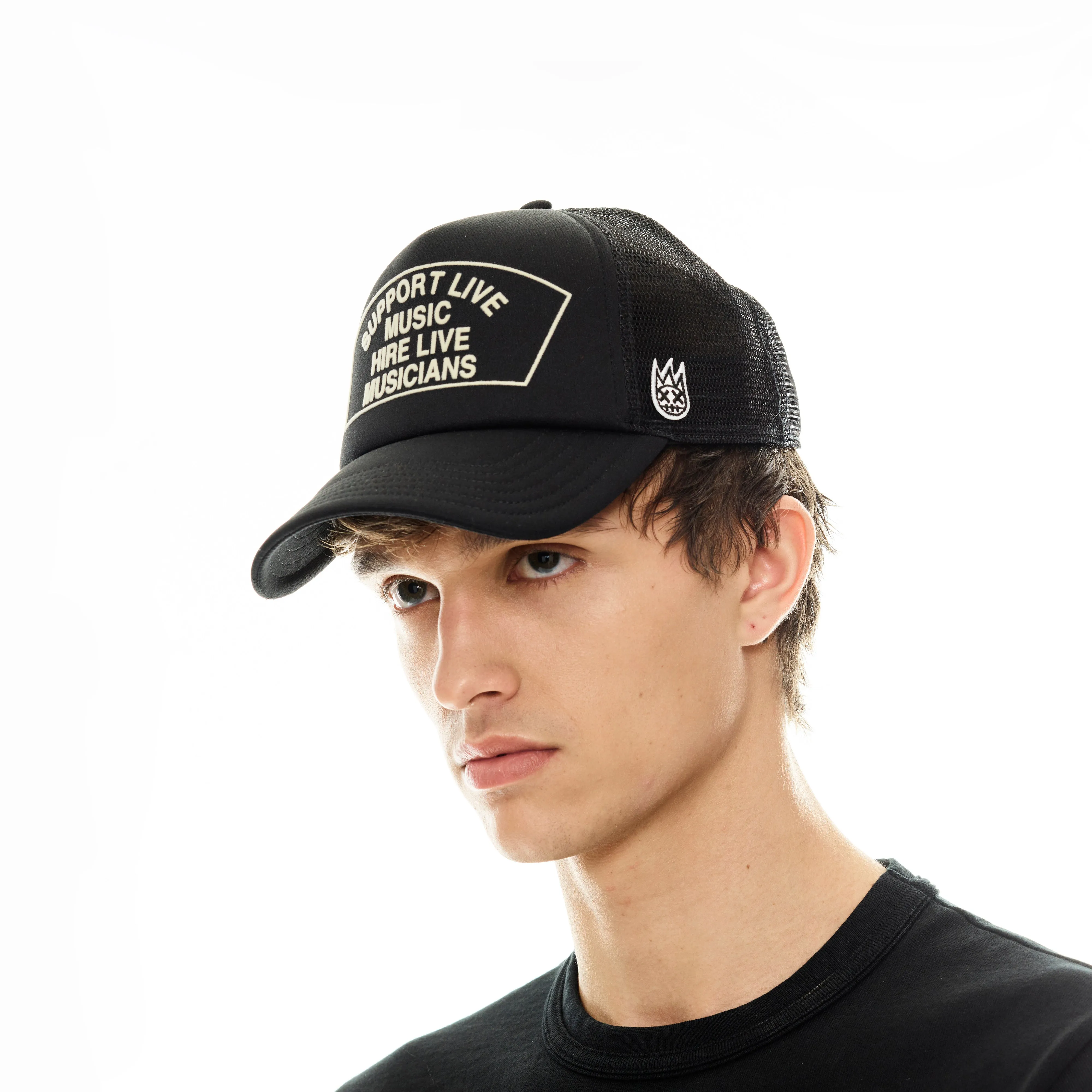 "SUPPORT LIVE MUSIC" MESH BACK TRUCKER HAT IN BLACK