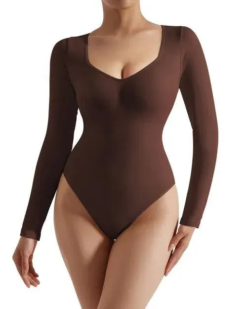 Ribbed V Neck Bodysuit - Long Sleeve